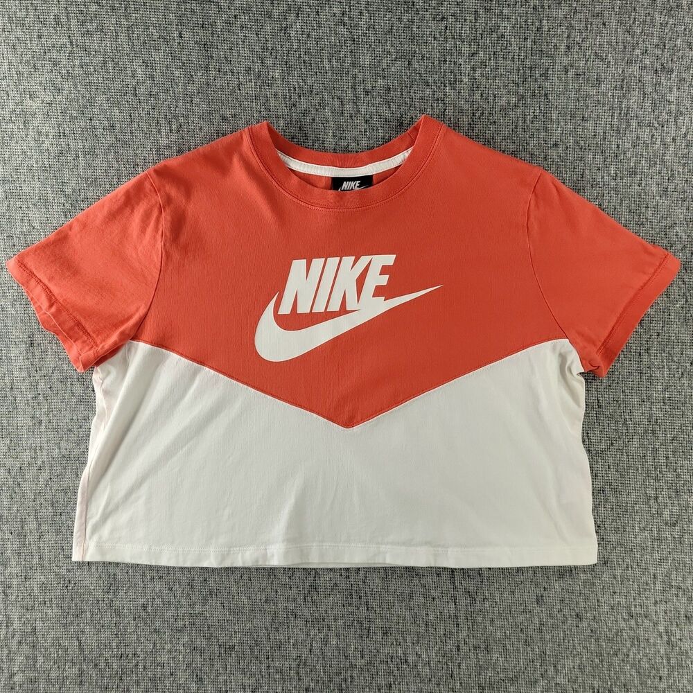 Nike Sportswear Heritage Womens Crop Top T-Shirt Colorblock Coral White XL